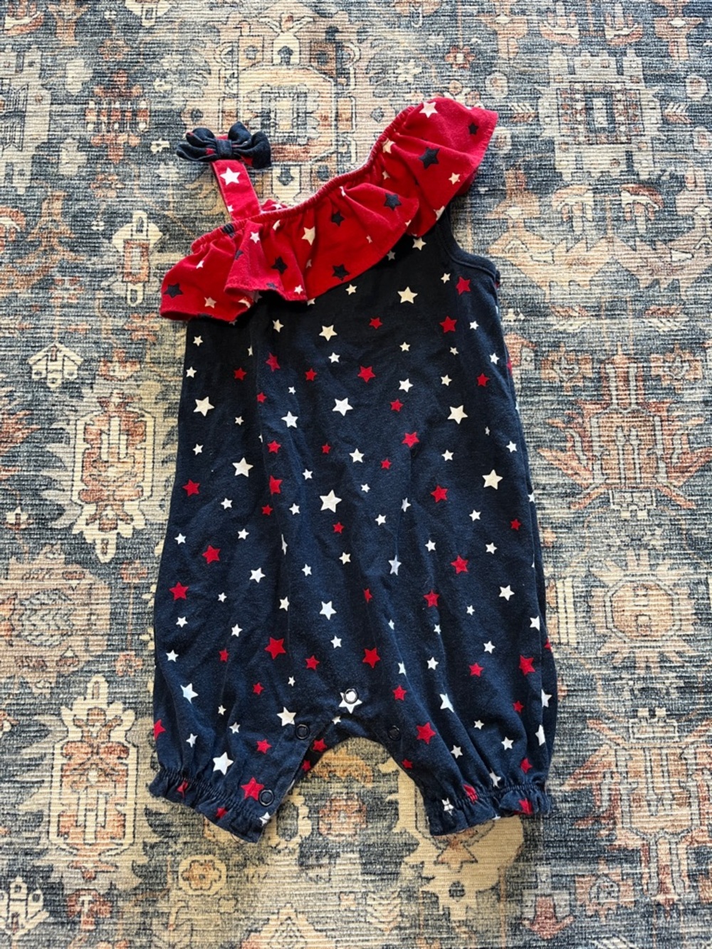 Girls Navy Star One-Piece Bodysuit with Red Ruffle